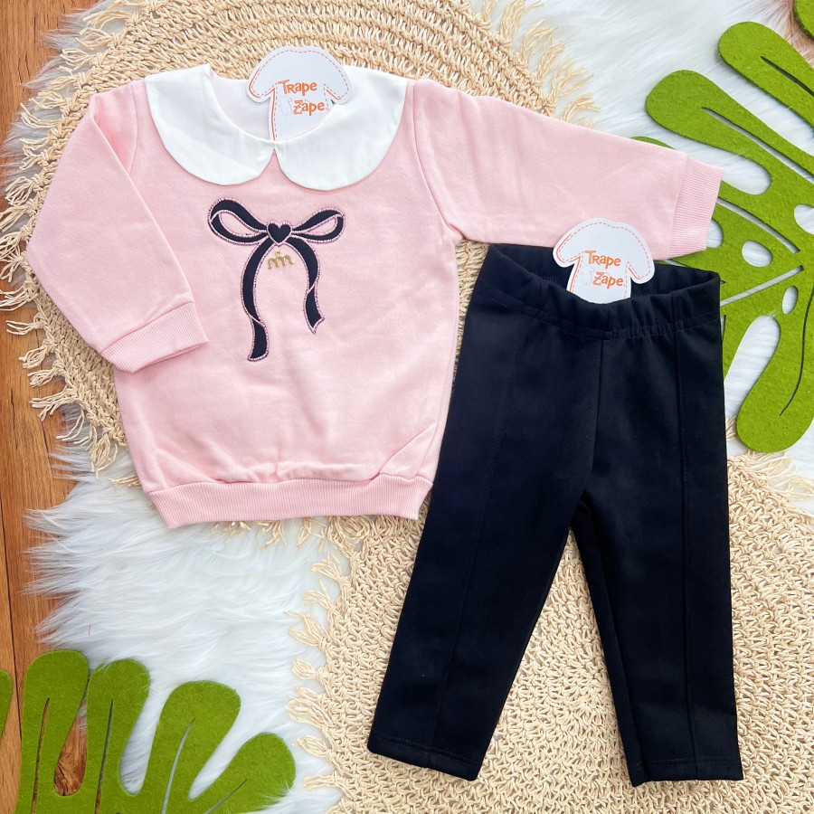 Conj. Blusa de Moletom Laço Bordado e Calça Legging - Rosa